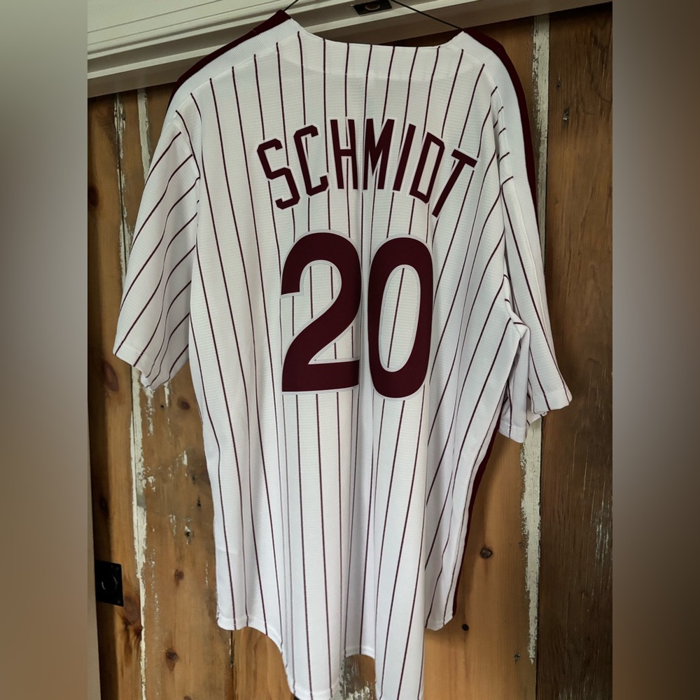 Schmidt Nike Cooperstown Collection White and Maroon Striped Jersey